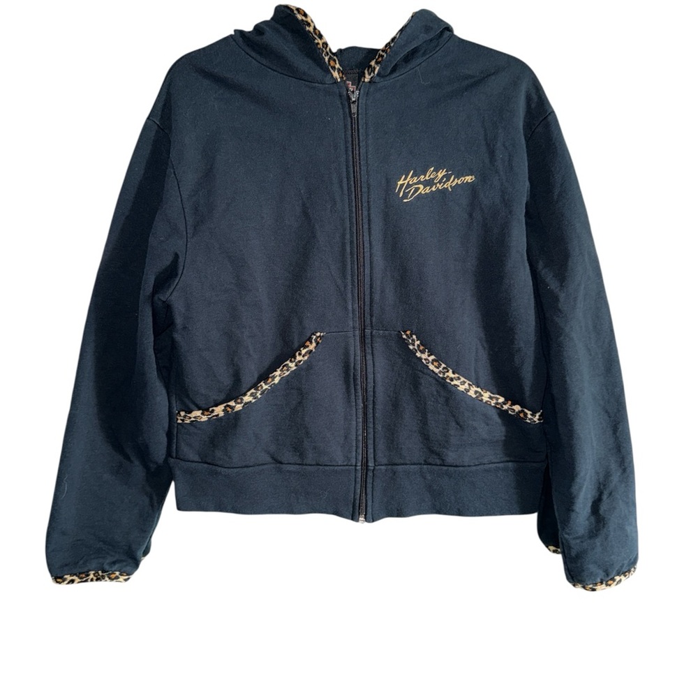 Vintage 90s Harley Davidson Leopard Trim Full Zip Hoodie Size Medium